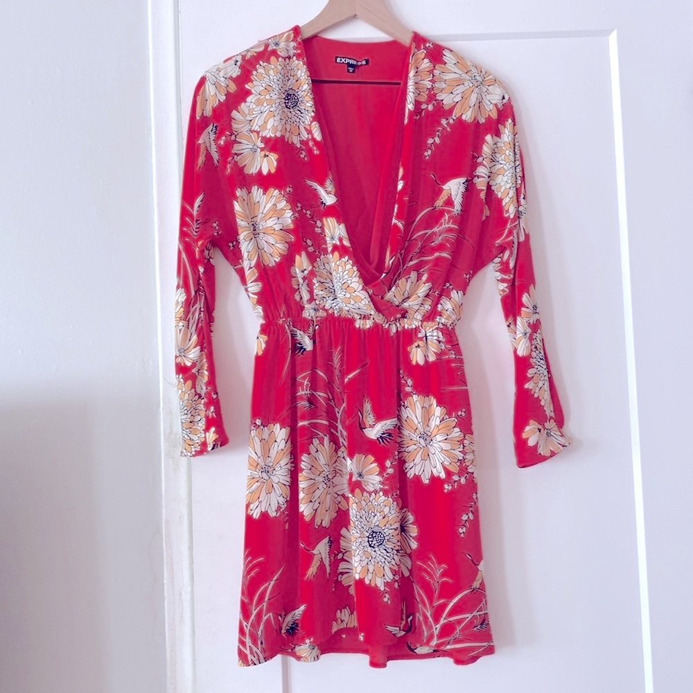 Express Faux Wrap Long Sleeve Cocktail Dress
